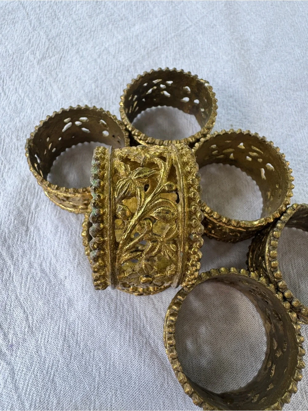 Vintage Gold Tone Filigree Napkin Rings Set of 8 Floral Scroll Metal